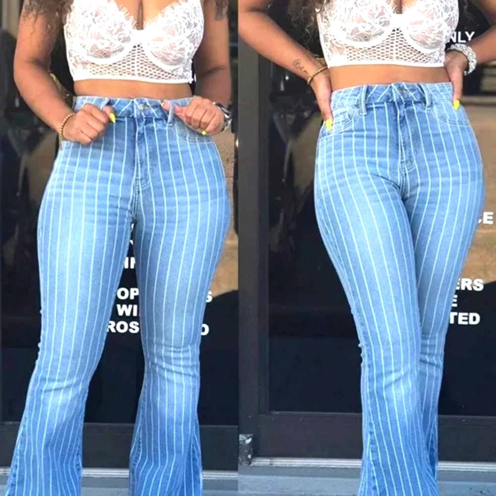 Fashion Striped Woman Flare Jeans Elastic Skinny Denim Wide-Leg Flare Pants Stre